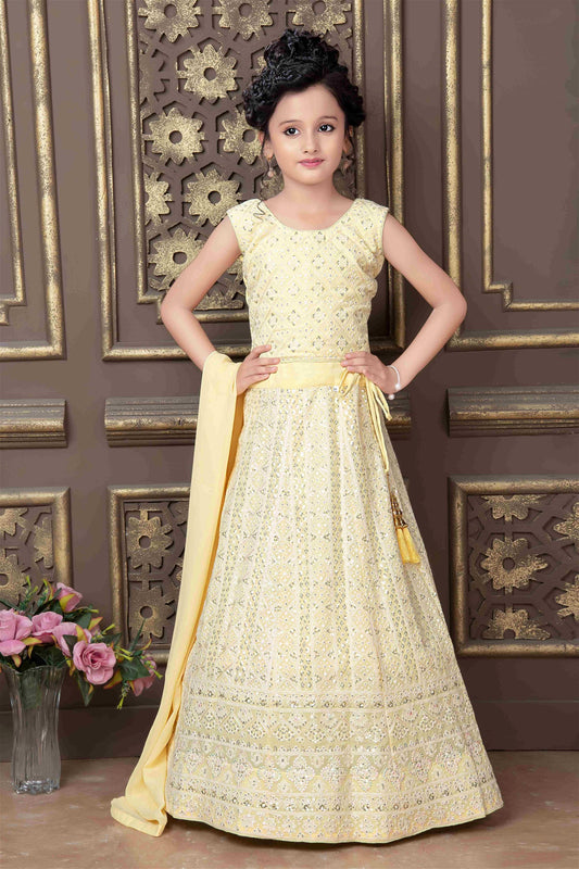 Light Yellow Georgette Sequins And Lucknowi Work Festive Wear Readymade Kids Lehenga Choli 615A
