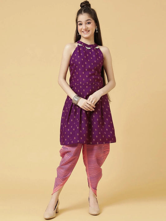 Magenta Colour Poly Cotton Ruby Girls Casual & Party Wear Kurta and Dhoti Pant Set
