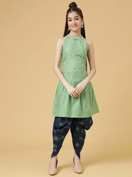 Mint Green Colour Poly Cotton Ruby Girls Casual & Party Wear Kurta and Dhoti Pant Set