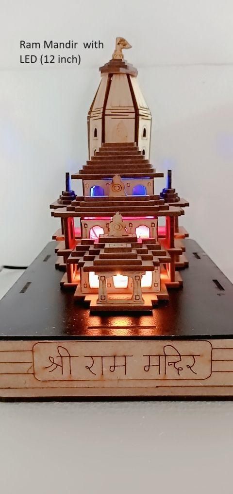 12 inch Ram Mandir Ayodhya Wood Temple Model With 3D Light for Home/Office/Shop Decoration